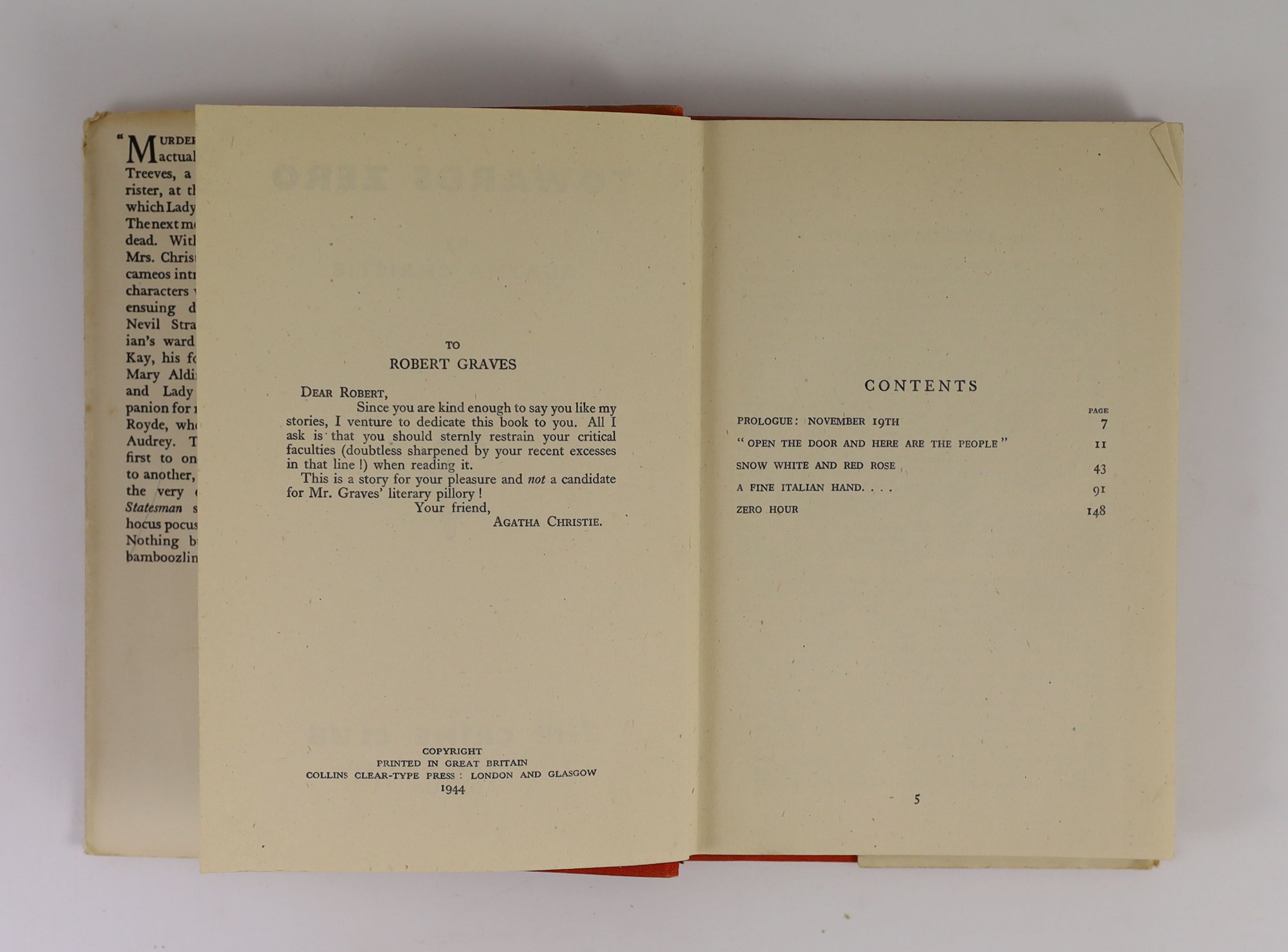 Christie, Agatha - Towards Zero, 1st edition, 8vo, cloth, in torn, unclipped d/j, ownership inscription to front fly leaf, The Crime Club, London, 1944 and Murder in the Mews, 3rd impression, 8vo, cloth, in unclipped d/j
